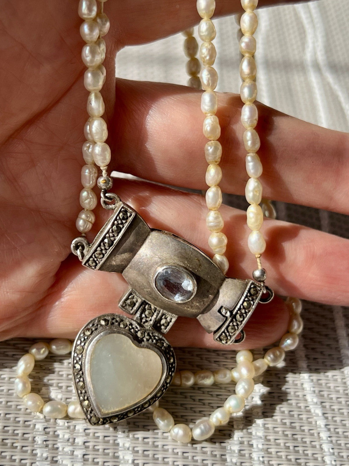 Antik  Jugendstil Silber Collier Perlen Halskette Herz Markasite blauer Stein