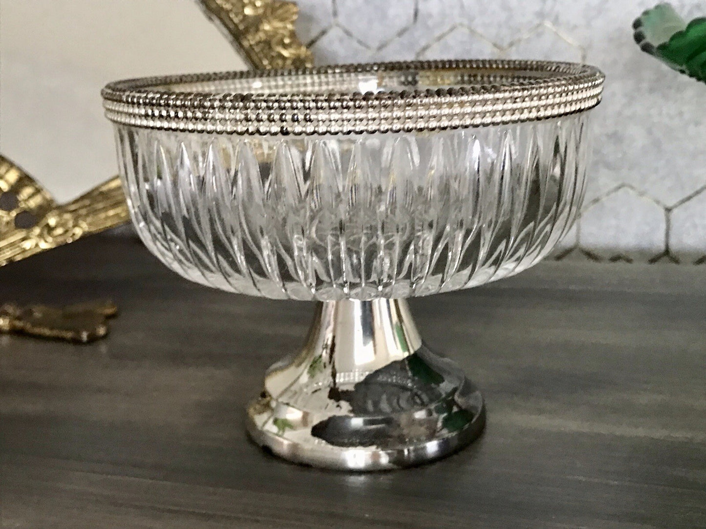 Vintage Glasschale Fußschale  Schale Glas versilberte Montur Kristallglas?