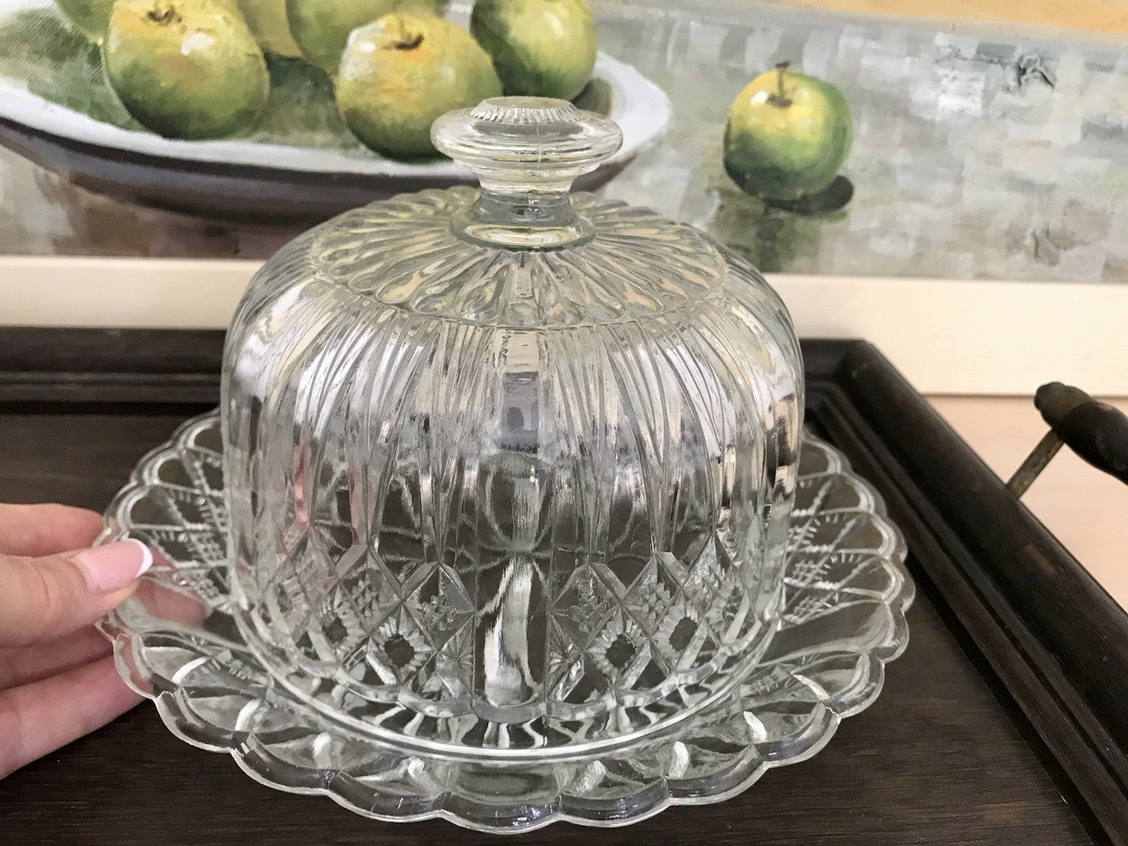 Antik Art Déco Glas Pressglas Käseglocke Butterglocke Glas