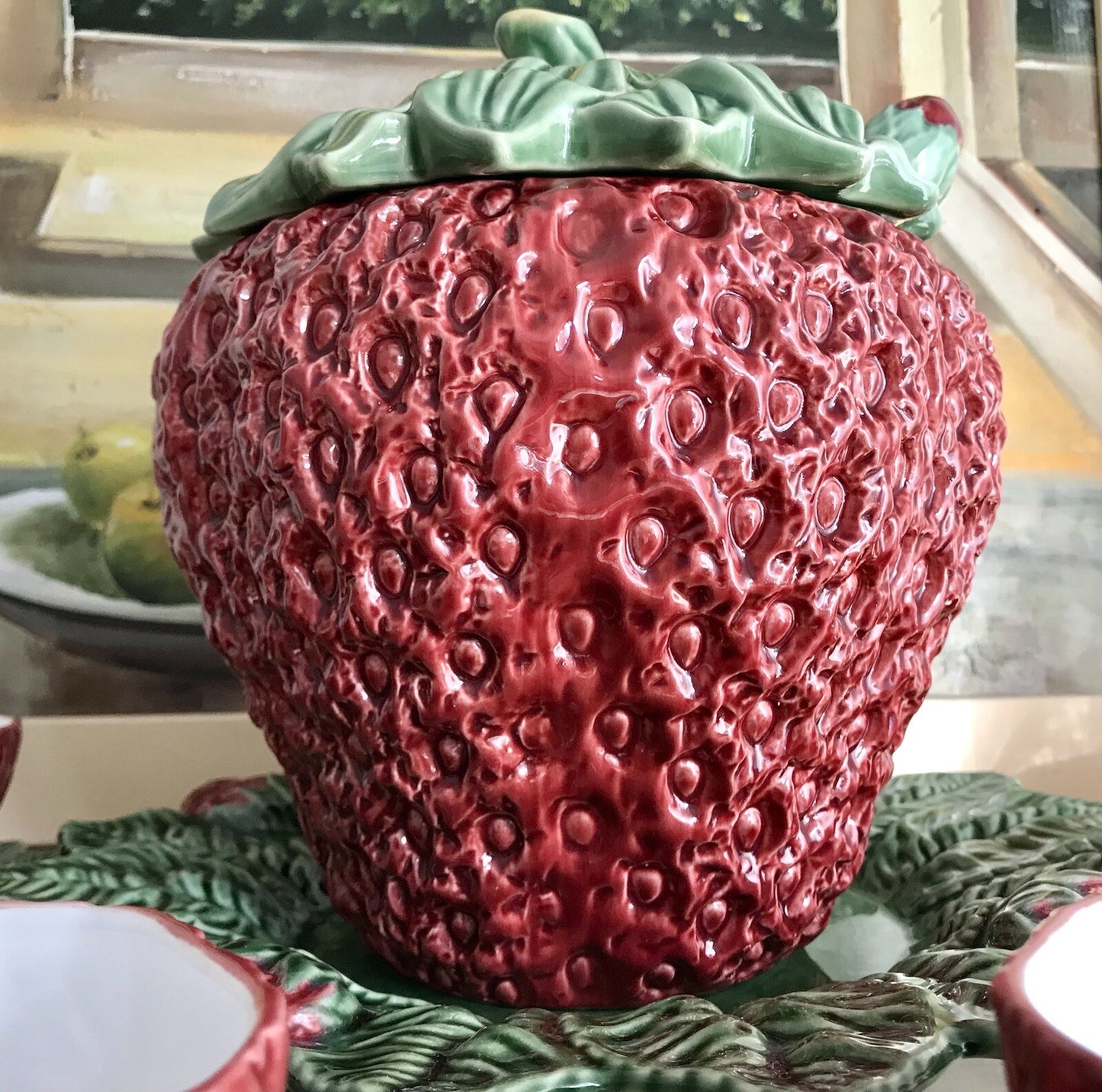 Vintage alt Majolika Keramik Bowle Set Topf 6 Tassen grün rot Erdbeere Pinhero