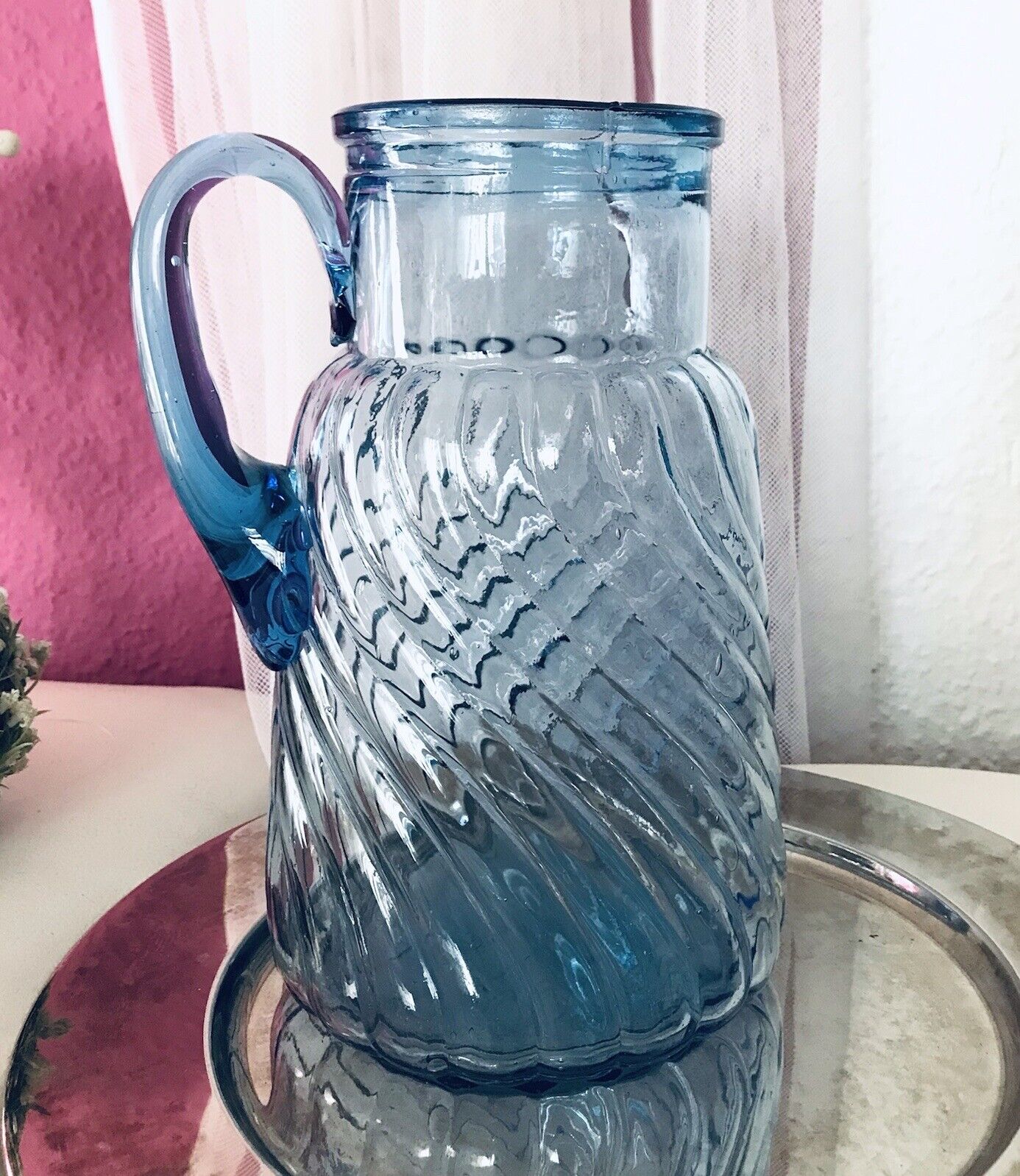 Antik Art Déco Kanne Krug Glaskrug Karaffe Glas blau Walzenmuster