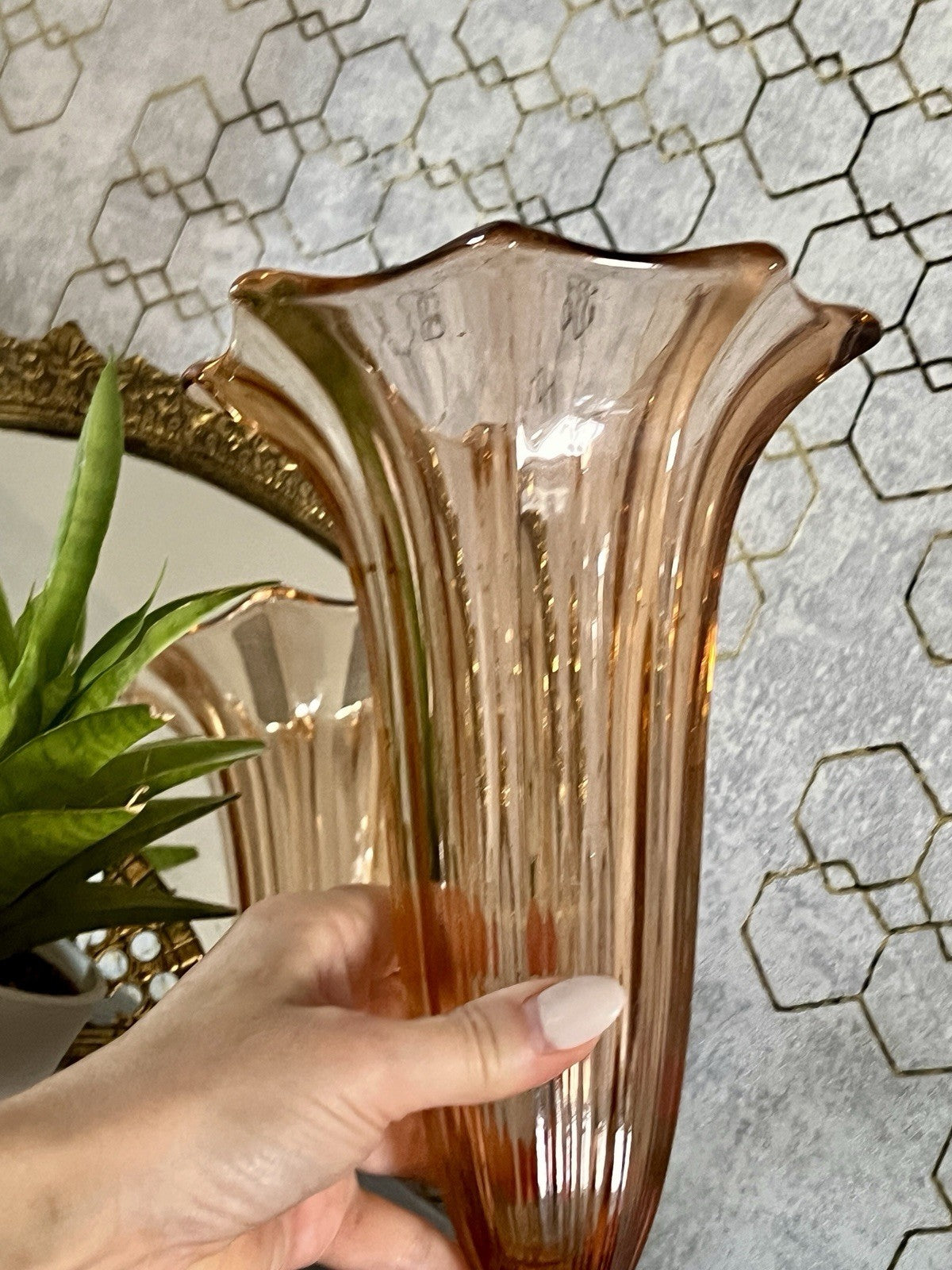 Antik Art Déco 1 GROẞ Vase Glasvase Pressglas Rosalin rosa  Glas