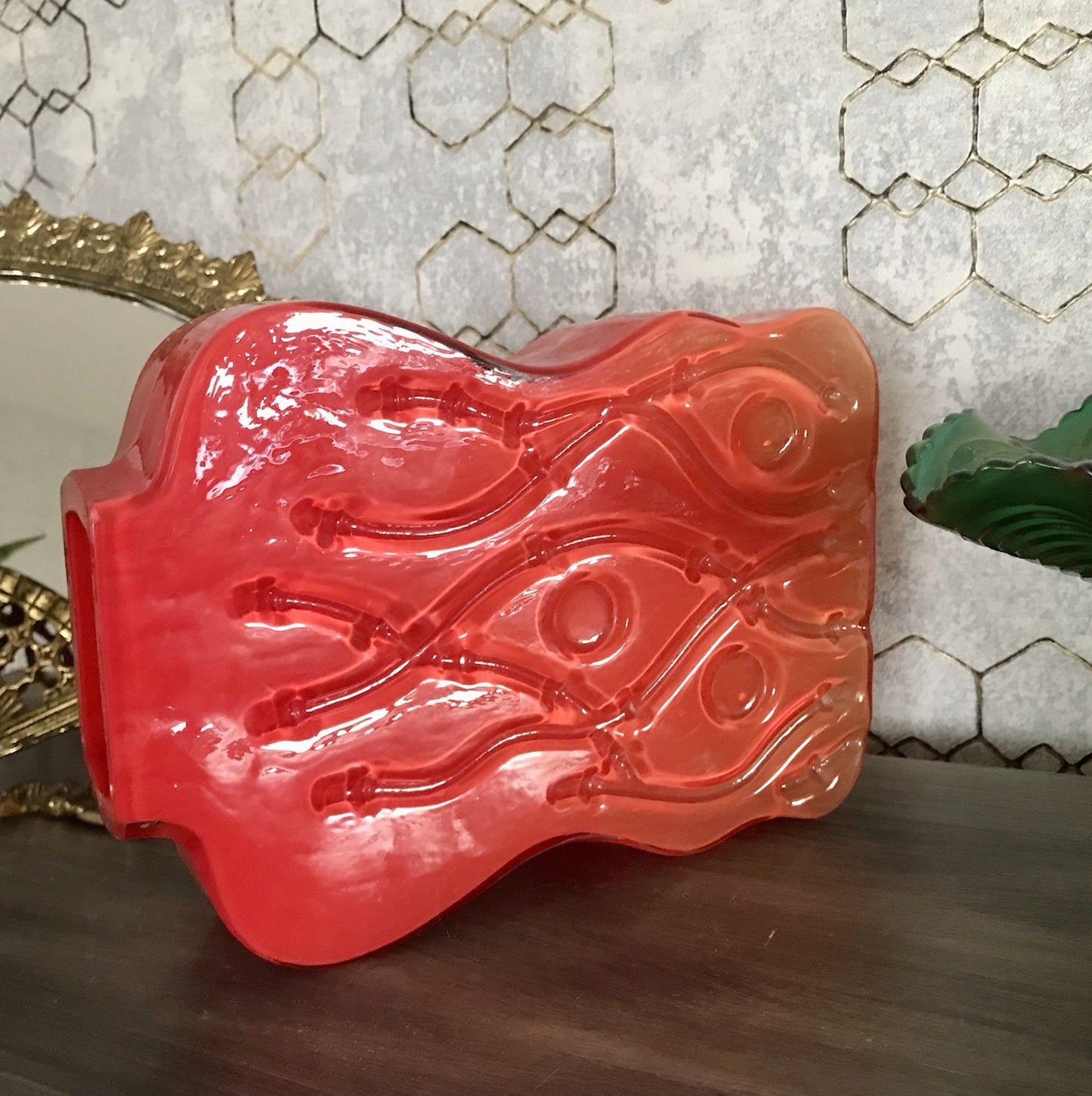 Vintage 70er Design Glasvase Glas Rot Orange Vase Pop Art Hirschberg