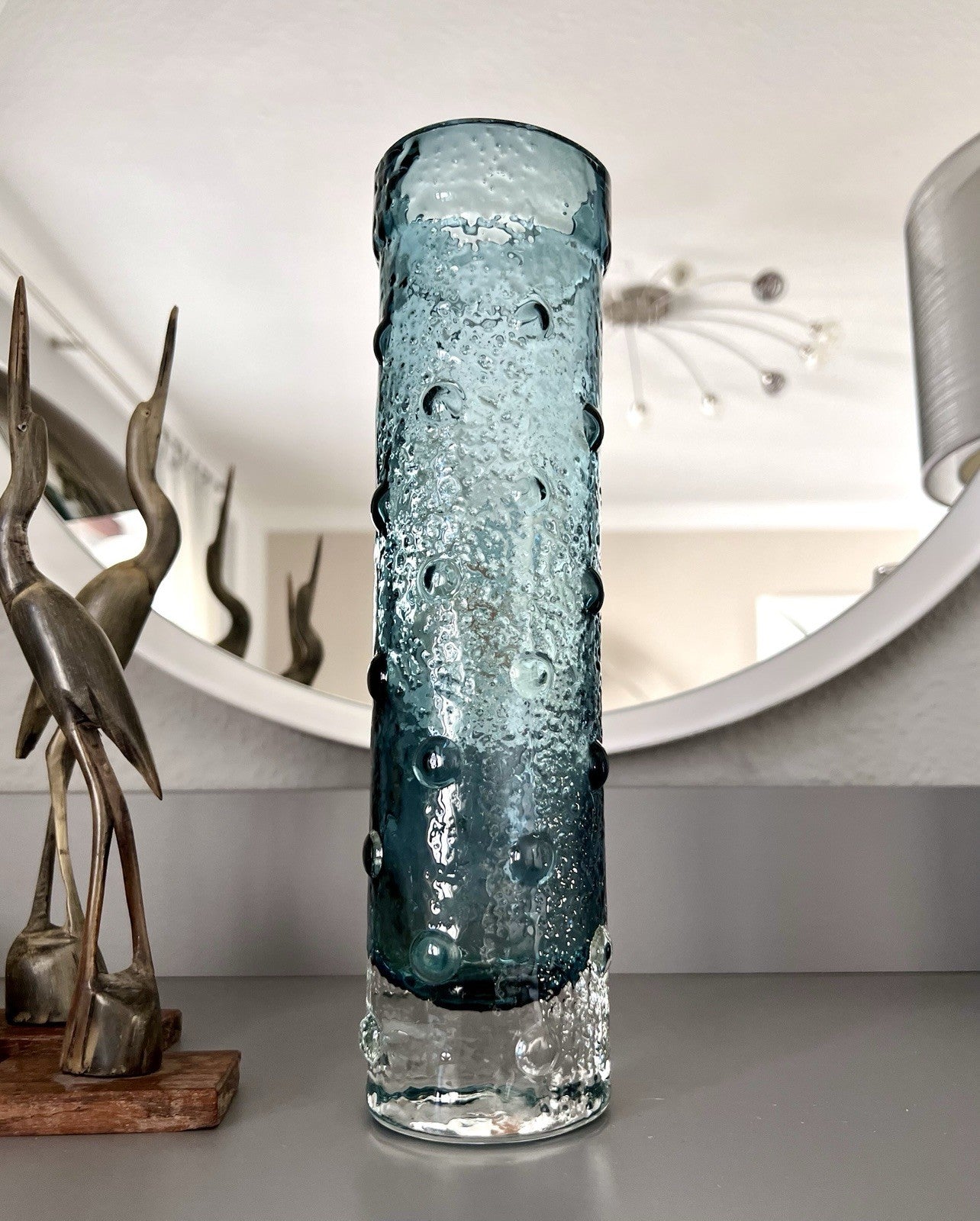 Vintage 60er Riihimäki Lasi Designer Glasvase Vase Glas graublau Finnland Rauch