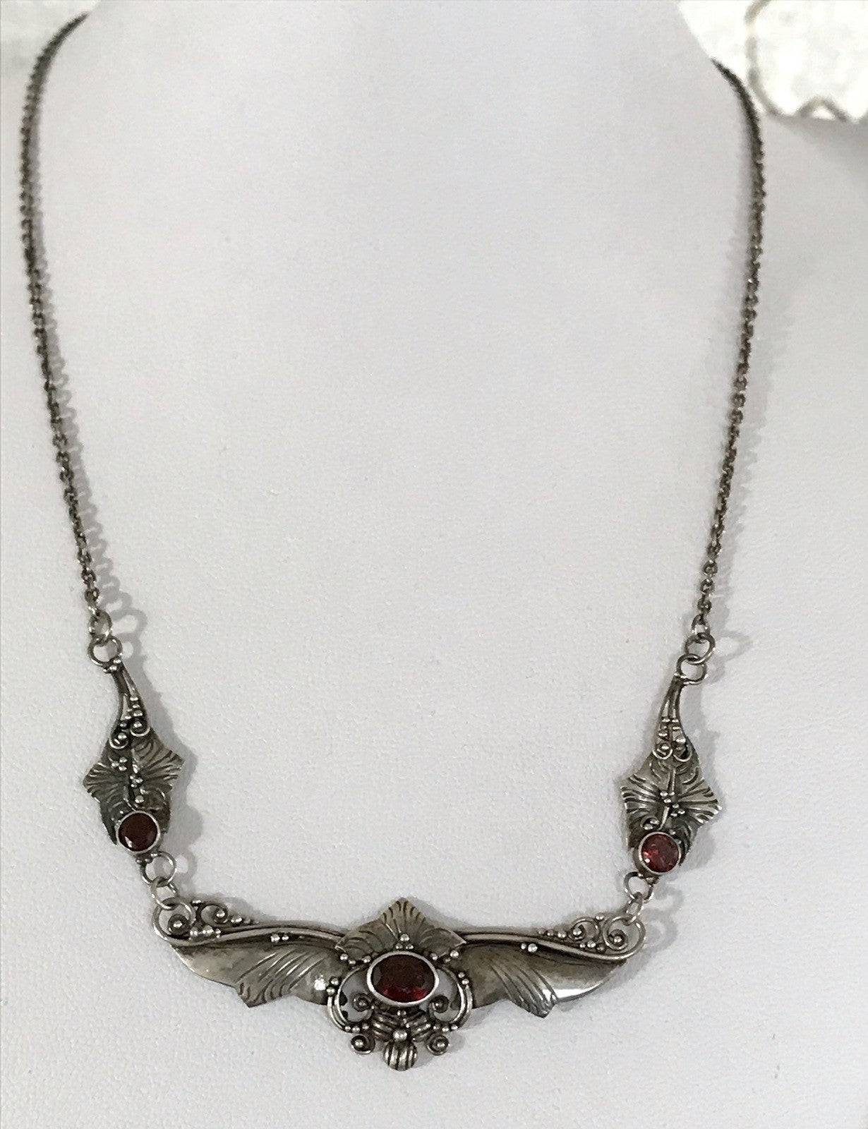 Antik 925 Sterling Silber Collier Halskette Kette rote Steine Granate?