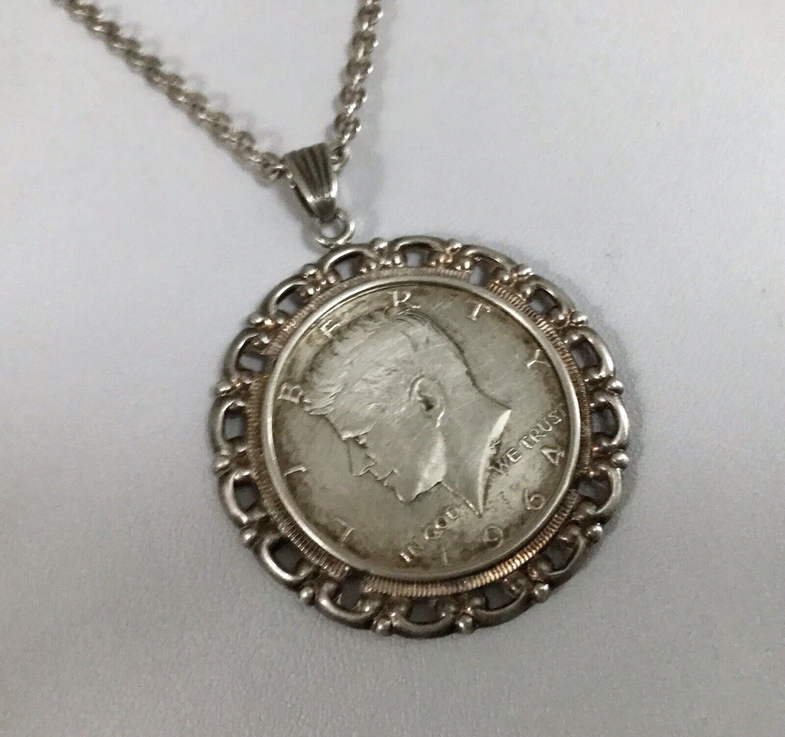 Vintage Halskette Kette Kennedy Münzanhänger Anhänger Kettenanhänger Silber 835