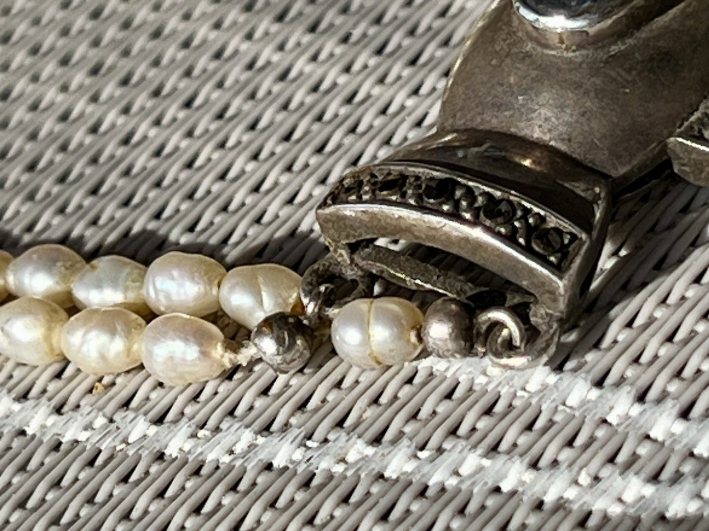 Antik  Jugendstil Silber Collier Perlen Halskette Herz Markasite blauer Stein