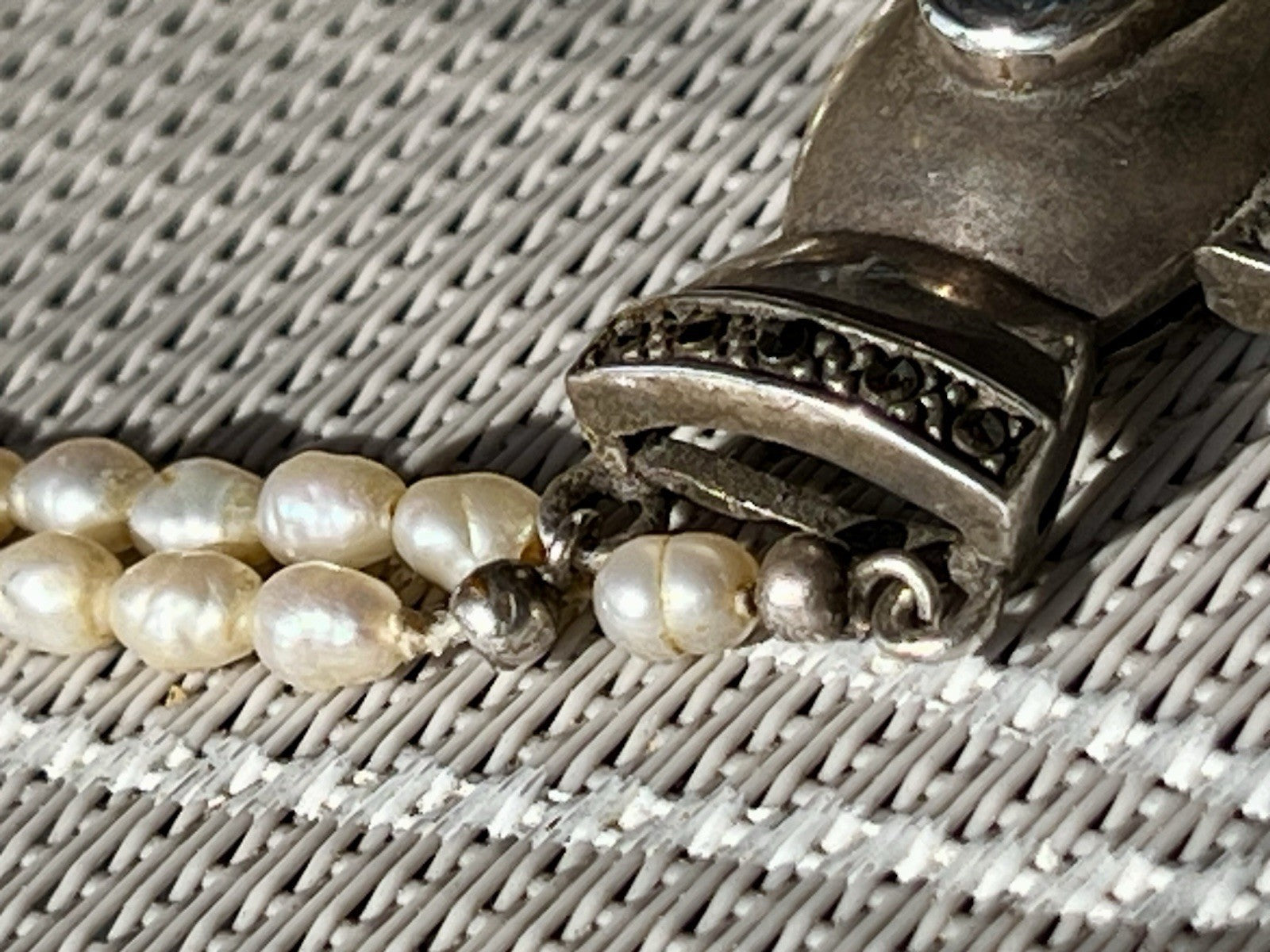 Antik  Jugendstil Silber Collier Perlen Halskette Herz Markasite blauer Stein