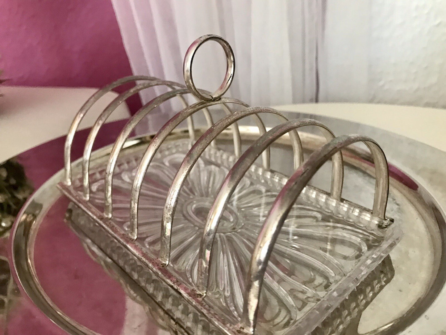 Vintage Toastbrot Ständer Halter versilbert Glaseinsatz Kristallglas 60er Jahre
