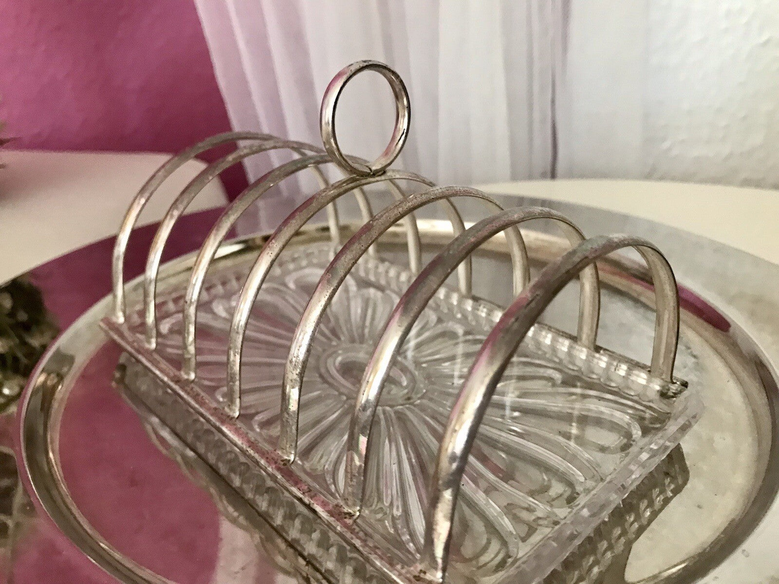 Vintage Toastbrot Ständer Halter versilbert Glaseinsatz Kristallglas 60er Jahre