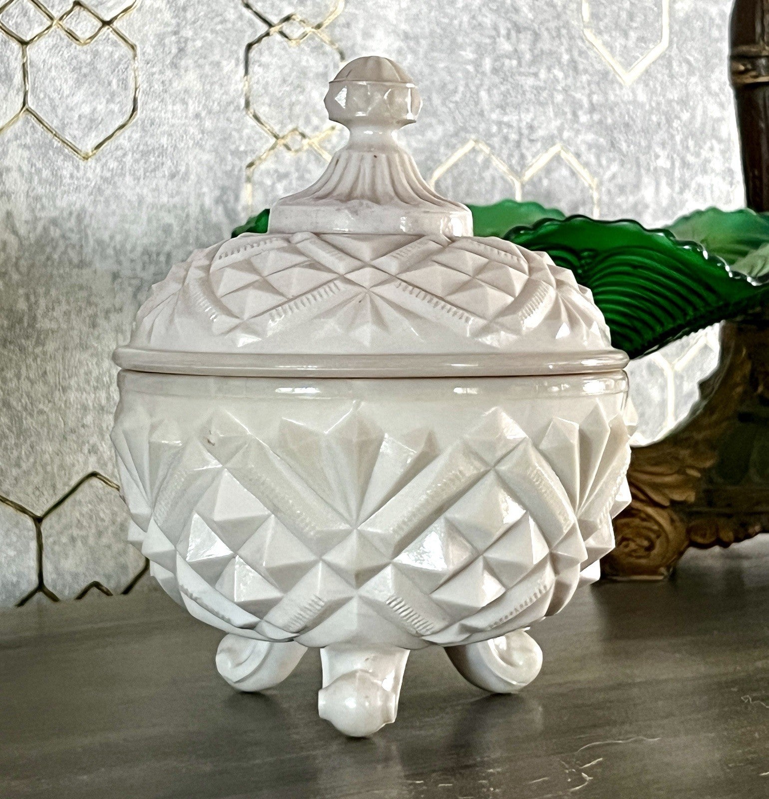 Antik Jugendstil Glasdose Dose Opalglas Deckeldose Pressglas SCHÖN Opalin