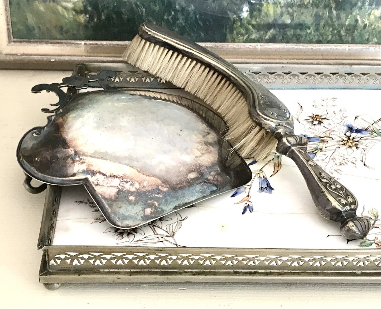 Antik versilbert Jugendstil Tischkehrset Tischkehrer Tisch Krümmelkehrer