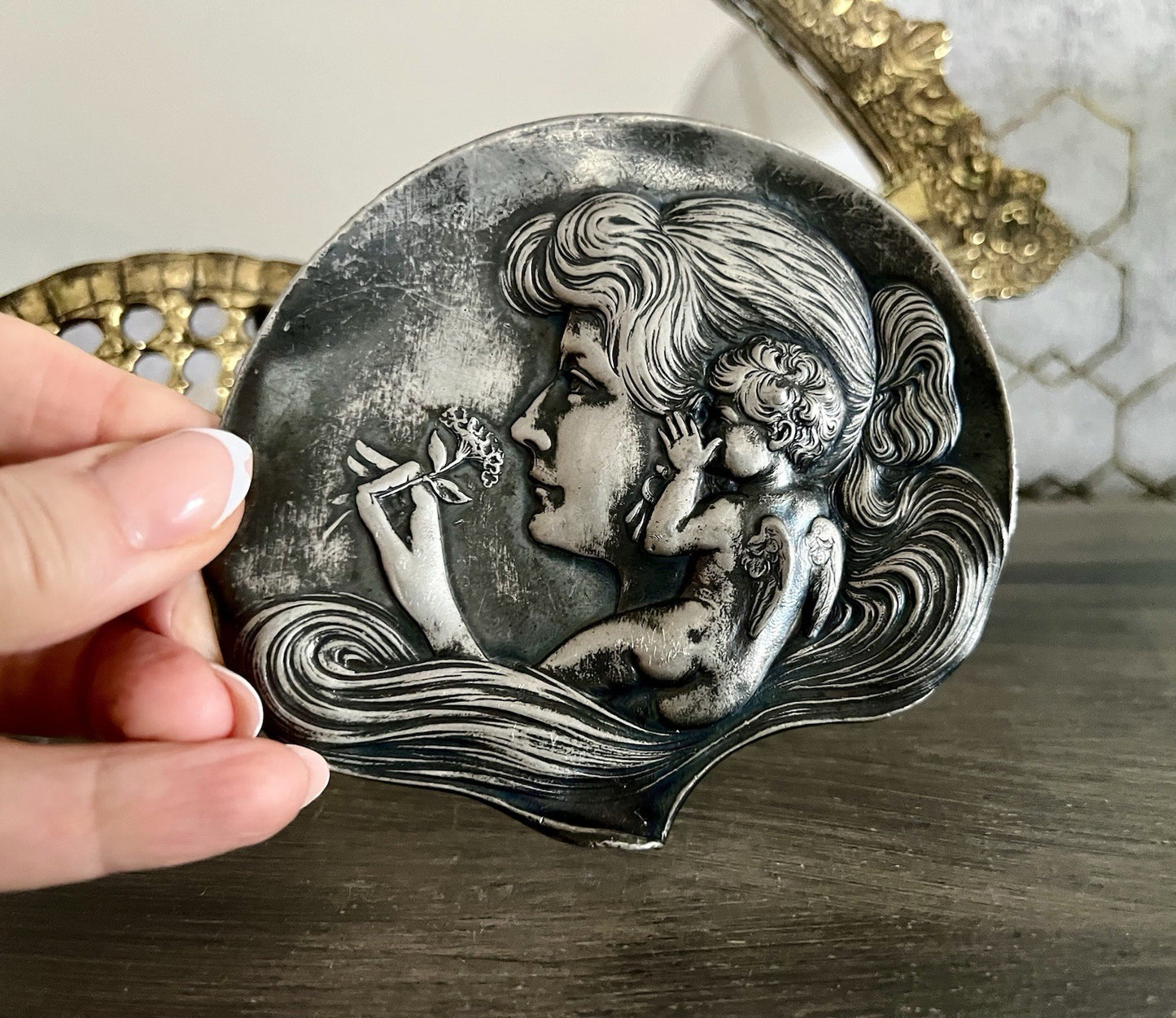 Antik versilbert WMF Schale Schmuckschale Jugendstil ~1900 Motiv: Elfe mur Putto