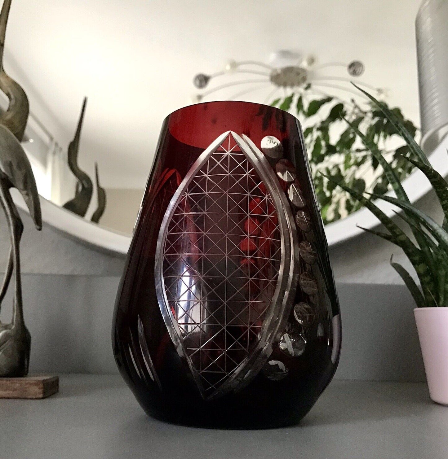 Antik alt Art Déco rubin rot geschliffen Überfangglas Vase Glasvase geschliffen