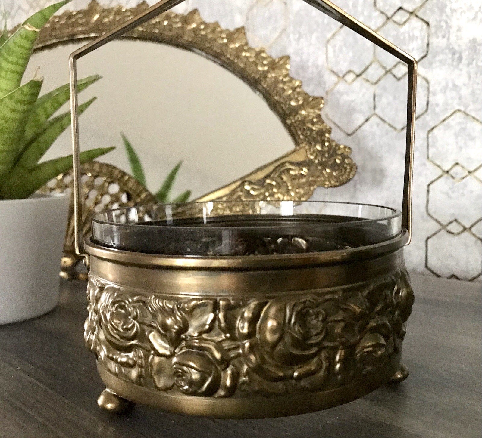 Antik Jugendstil Art  Déco Messing Montur Rosen Schale Bonboniere Glaseinsatz