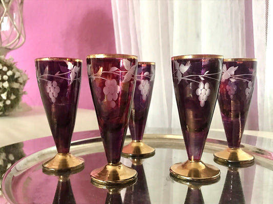 Antik Jugendstil Art Déco 5 Pinnchen Schnapsgläser Golddekor Gläser Schliff ROT