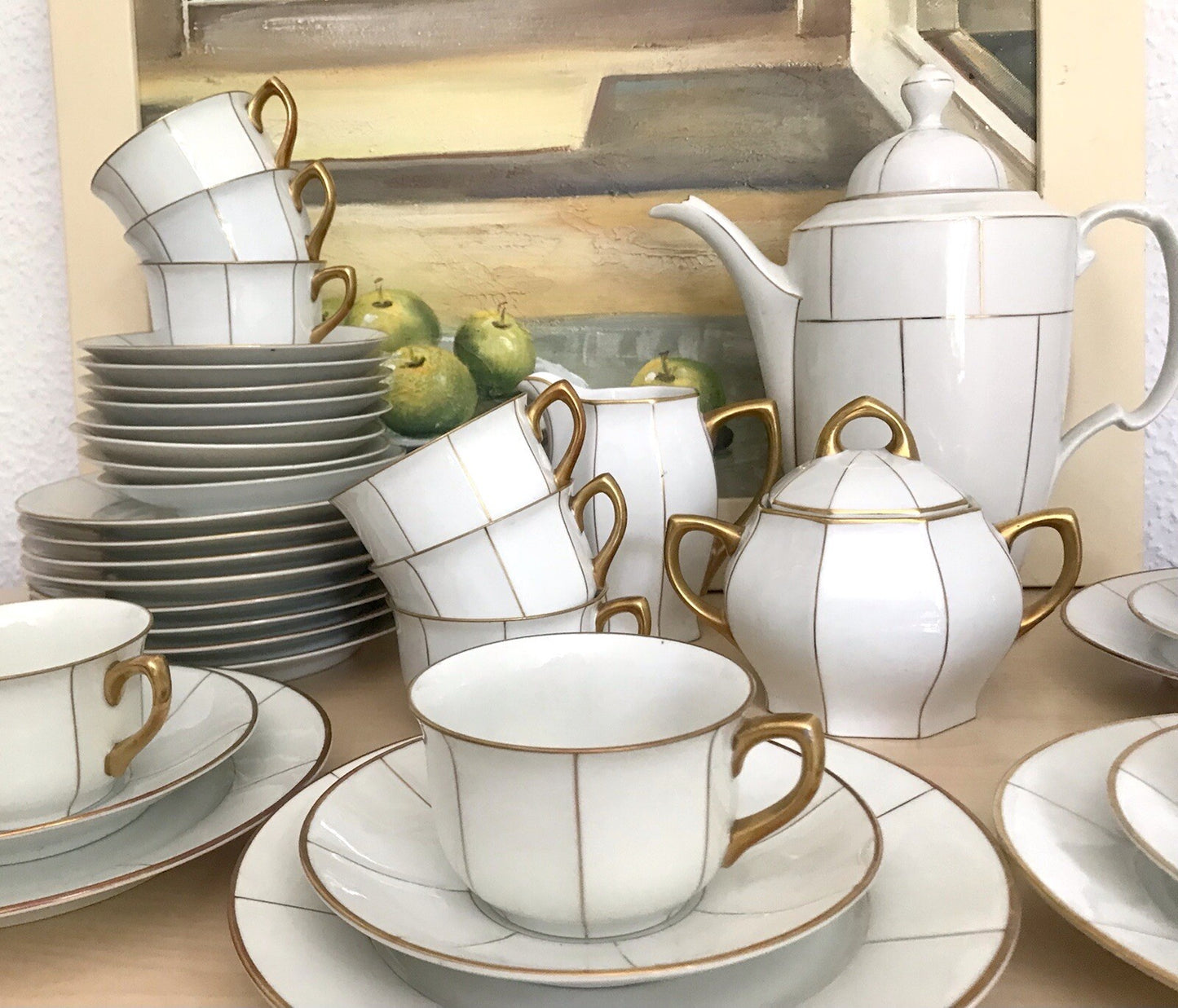 Antik Art Déco Porzellan 10+ Personen Kaffeeservice EDEL weiß Golddekor kantig