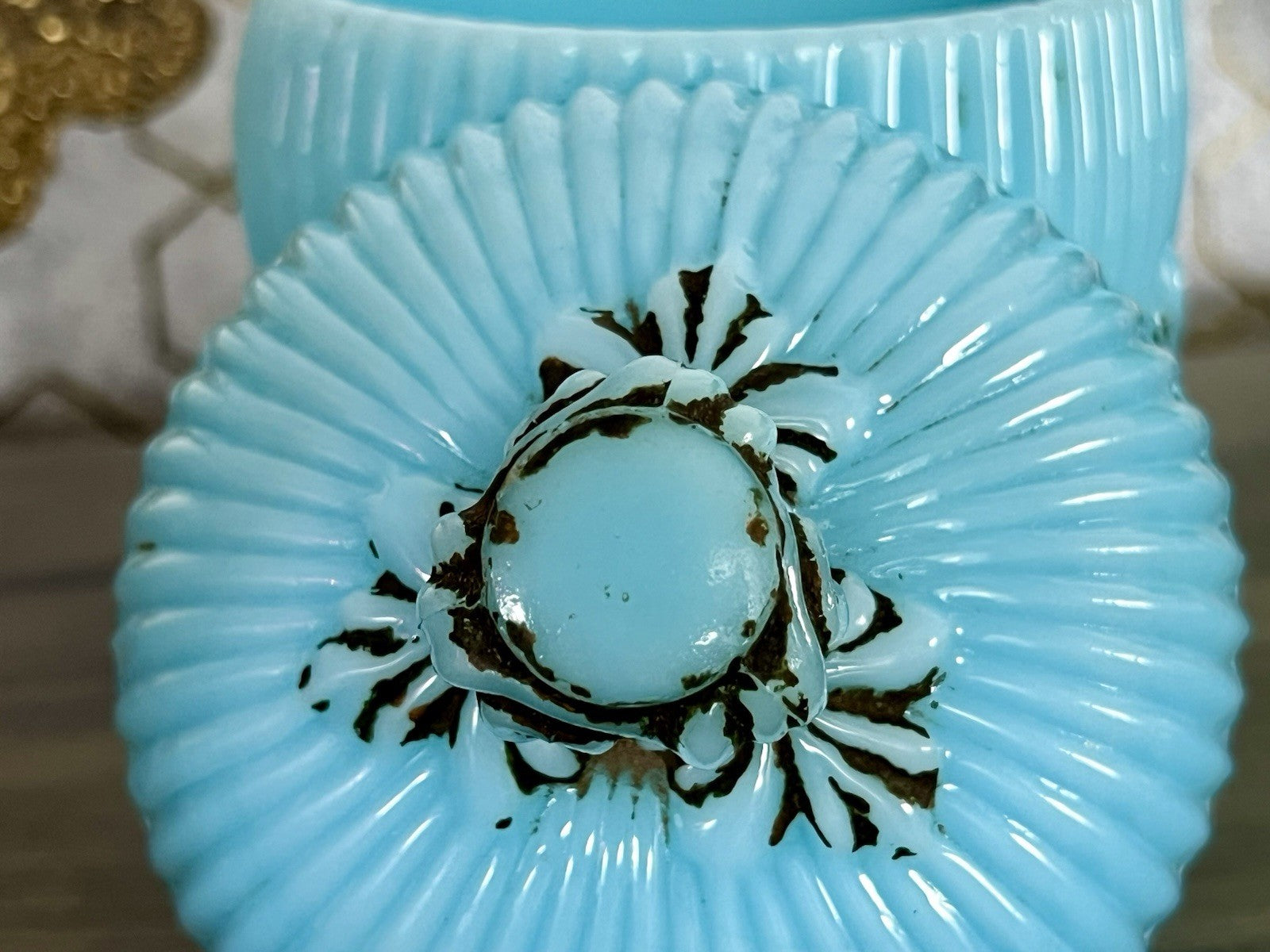 Antik Jugendstil Glasdose Kugel Dose Opalglas Deckeldose blau Pressglas SCHÖN!