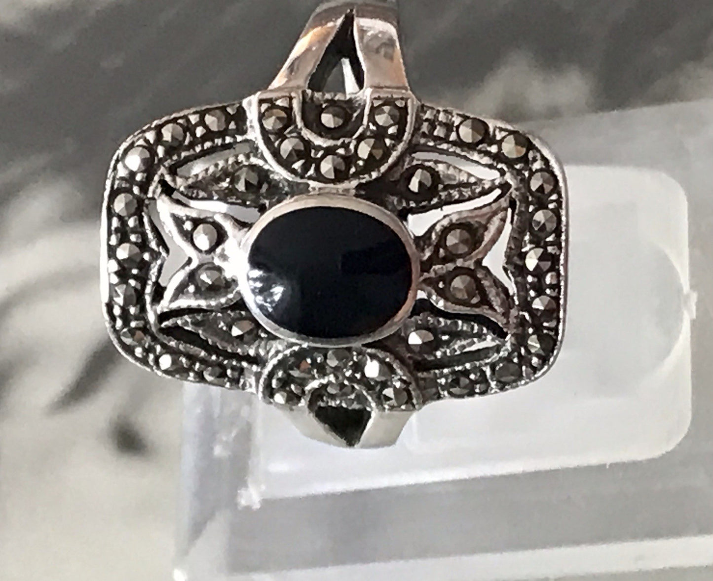 Antik Art Déco Damen Schiffchen Ring 925 Silber Gr.60 Onyx Markasite