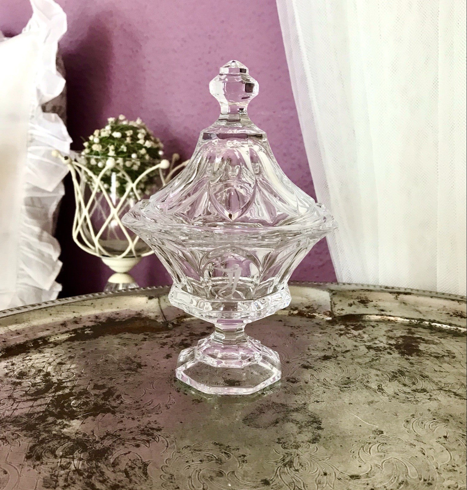 Vintage Bleikristall Deckeldose Bonboniere Glas Kristallglas Golf Pokal 1980