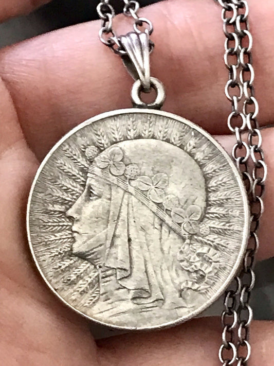 Antik Halskette Münze Jadwiga Polen 1933 Anhänger Kettenanhänger Silber 835