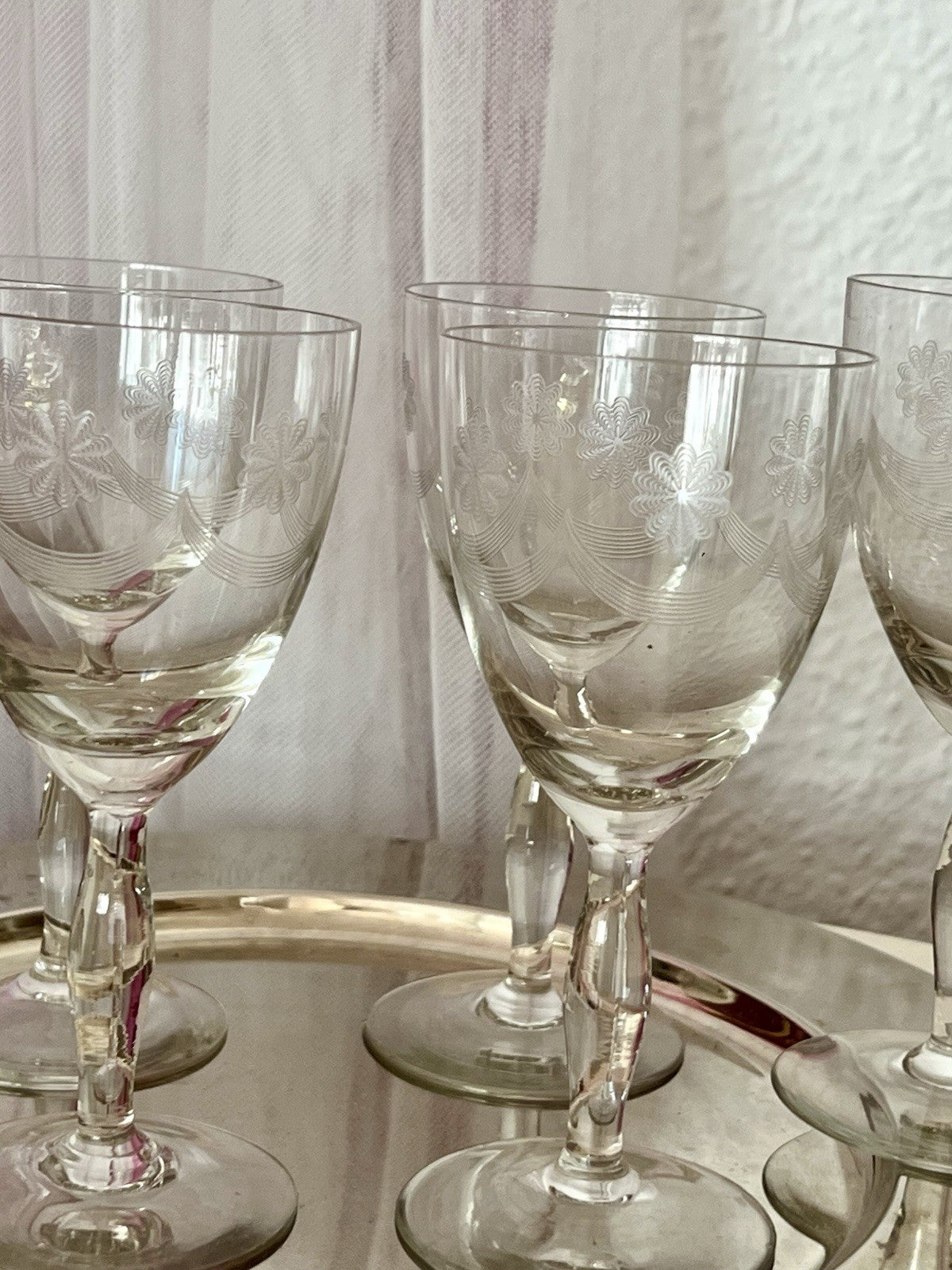 Antik 6 Weingläser Glas So Schön! guillochierte  Borte Edel