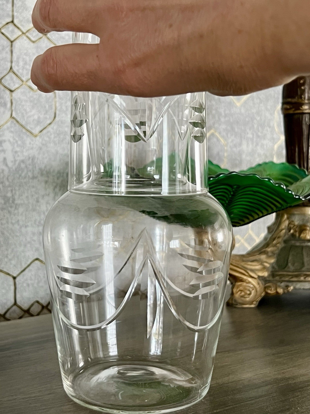 Antik Art Deco Sturzflasche Karaffe Dekanter & Becher Glas geschliffen