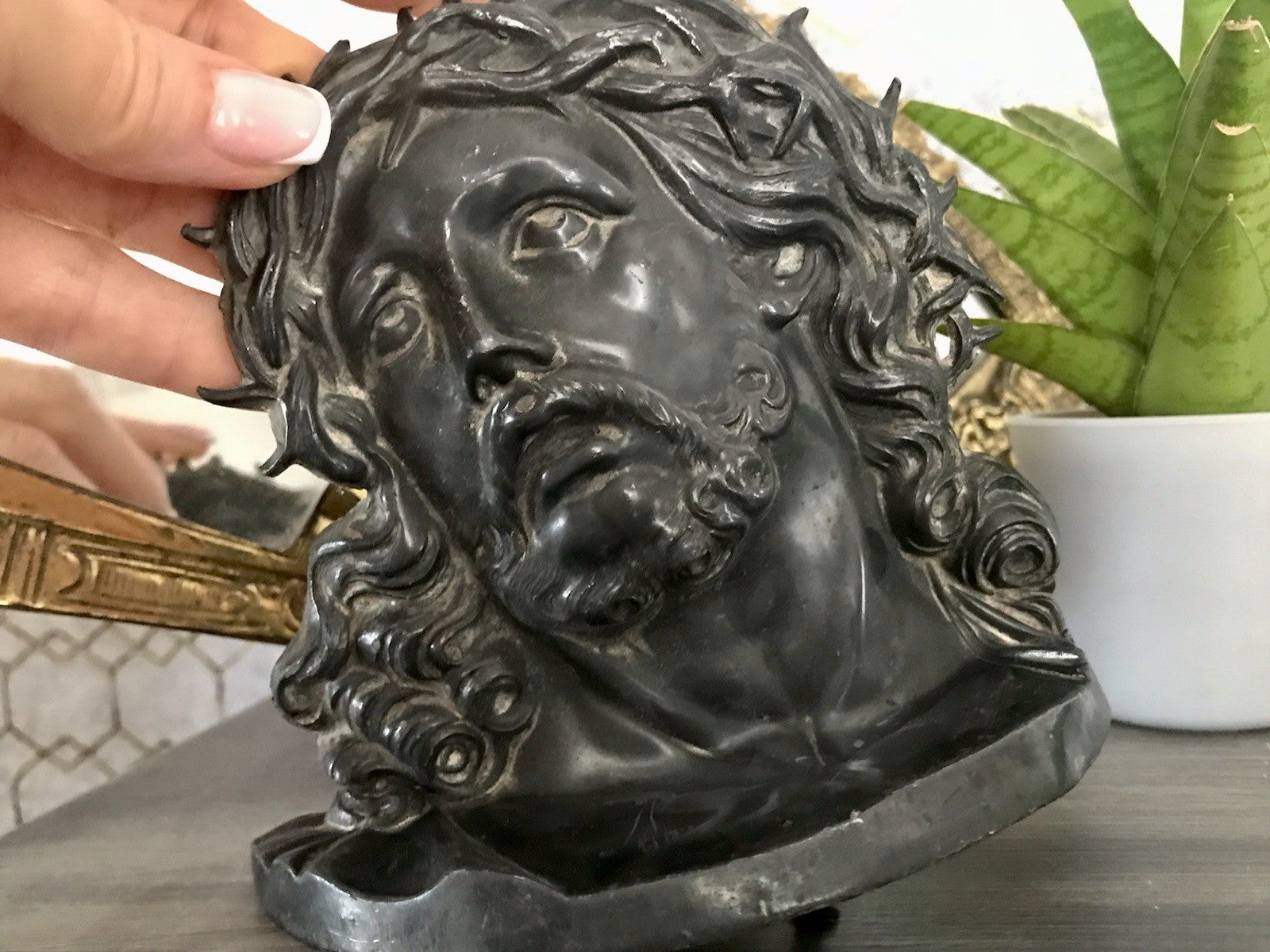 Antik Zinn? Relief Jesus Büste Dornkrone Figur Guss?  schön