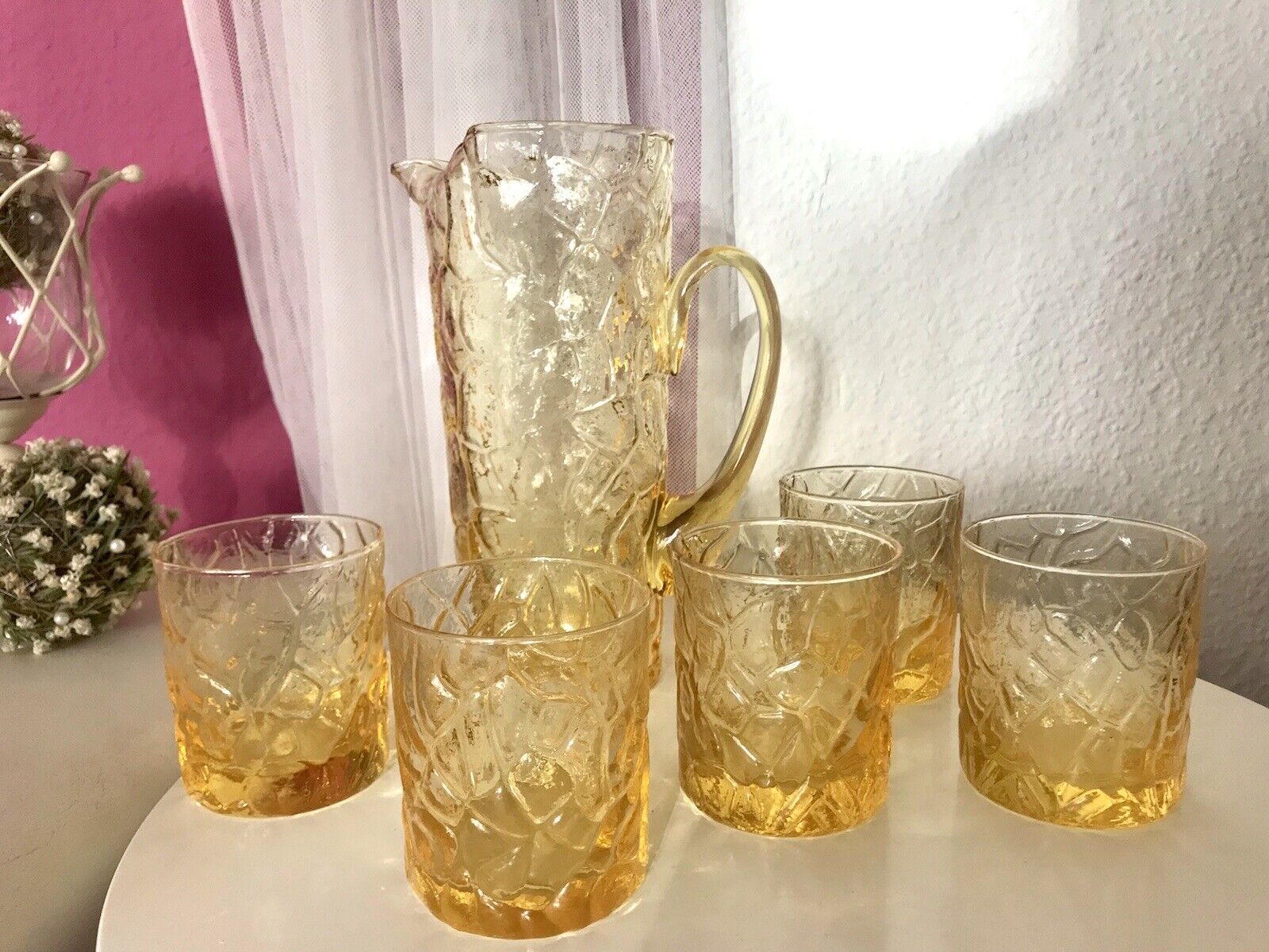 Vintage Designer 60er 70er Krug Kanne Karaffe 5 Becher gelb Glas Reptil Struktur