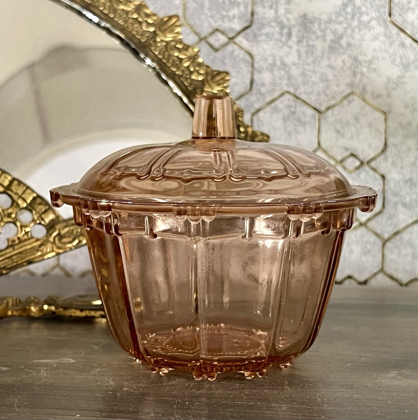 Art Déco Stil Dose Deckeldose Rosalin Rosa Pressglas