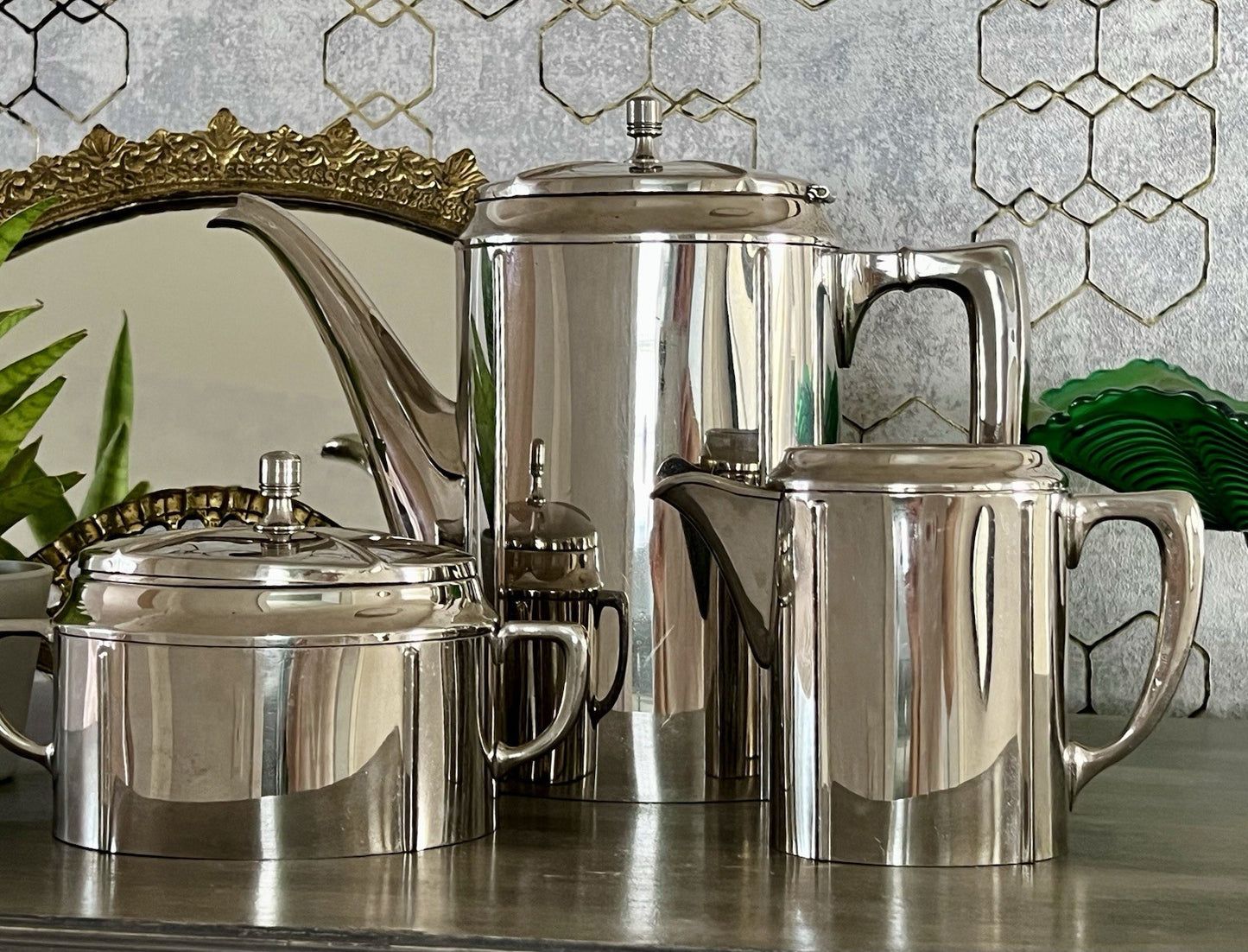 Antik Jugendstil Kaffee Kernstück Zuckerdose Rahmgießer Kanne vernickelt?