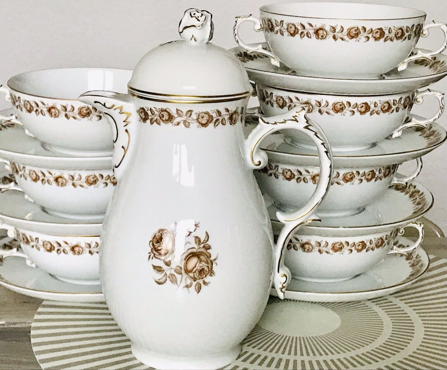 Vintage Porzellan Kaffeekanne Fürstenberg braune Rosenkante