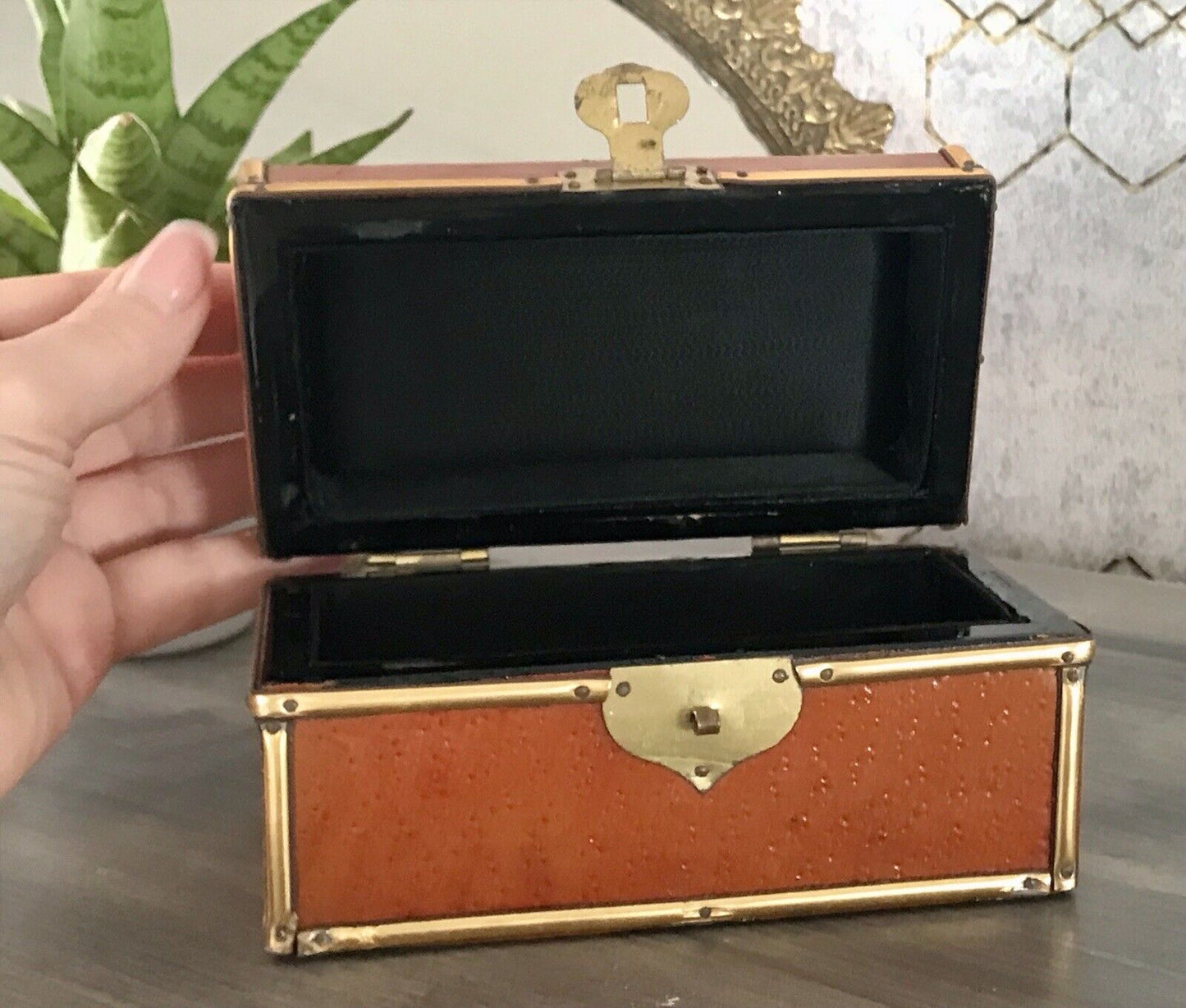 Vintage Schatulle Schmuckdose Dose Kästchen Leder bezogen Cognac