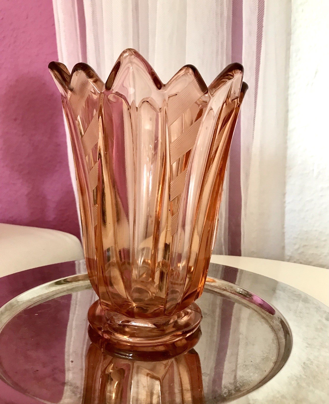 Antik Art Déco Vase Glasvase Pressglas Glas Rosalin rosa Blumenvase Schwepnitz