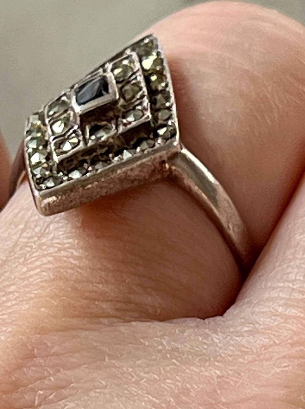 Antik Art Déco Edel Onyx Markasite DAMEN RING Silber 925 Gr.55
