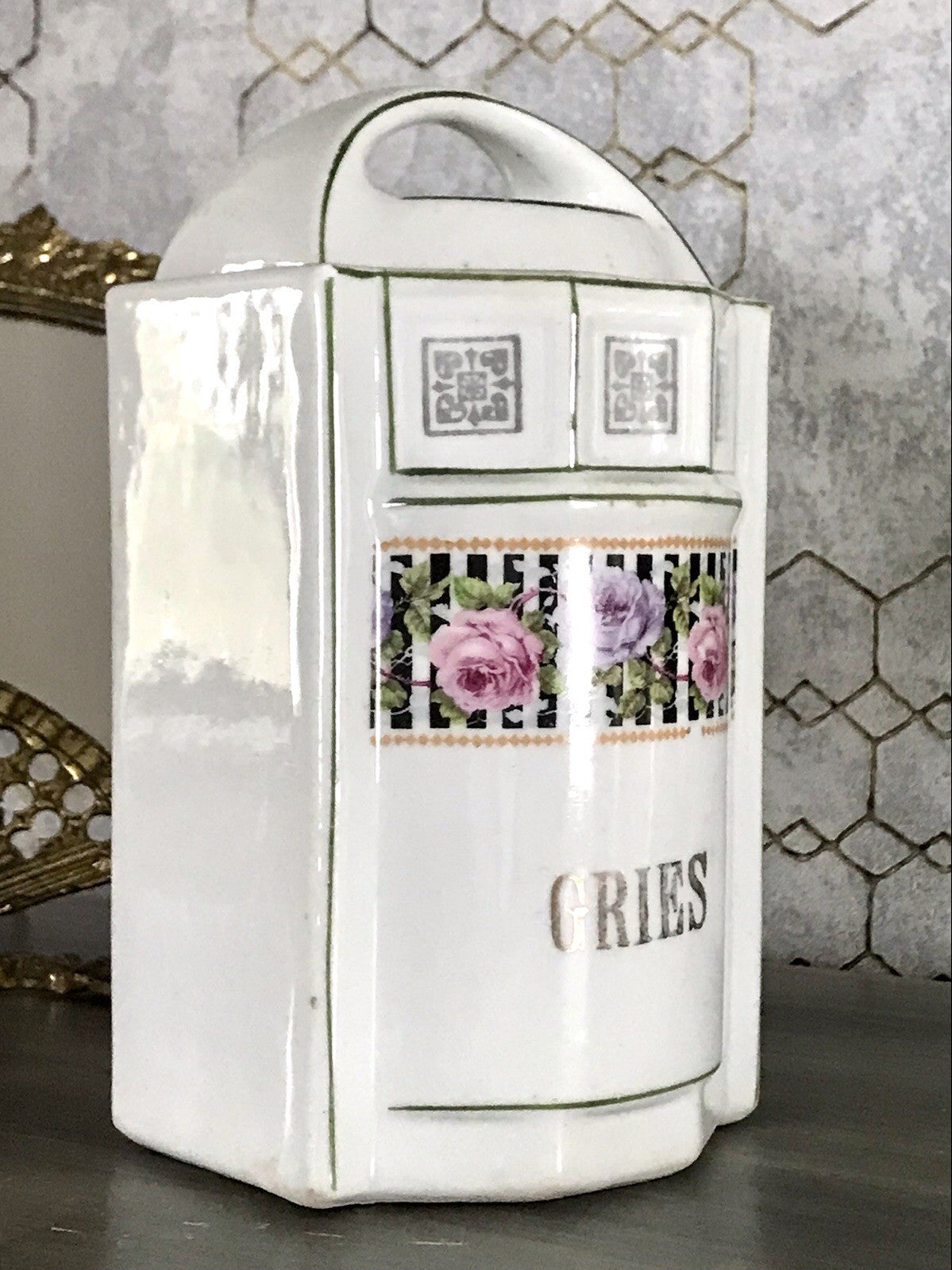 Antik Porzellan Dose Vorratsgefäß Vorratsdose Gries Rosen Jugendstil Art Déco