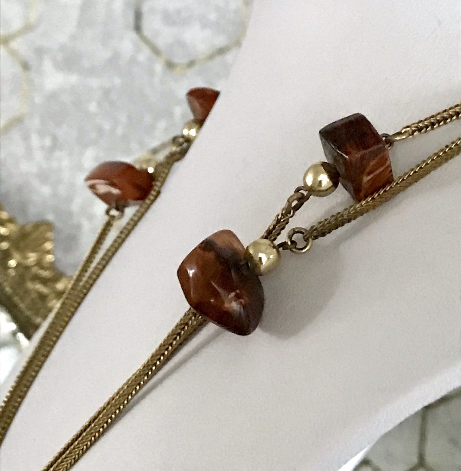 Vintage 60er Halskette Amerik. Doublè gold Steine Bernstein? Achate? SCHÖN