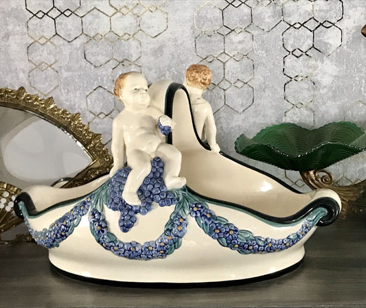 Antik Wilhelm Süß Karlsruher Majolika Keramik Korb Jardiniere Schale mit Putti