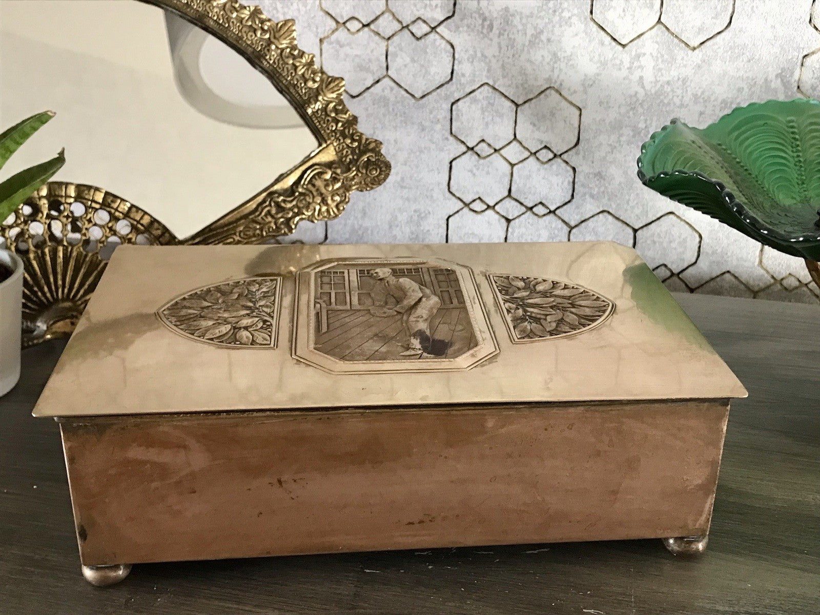 Antik WMF Jugendstil Messing Schatulle Zigarrendose Dose wunderschön Kegelklub