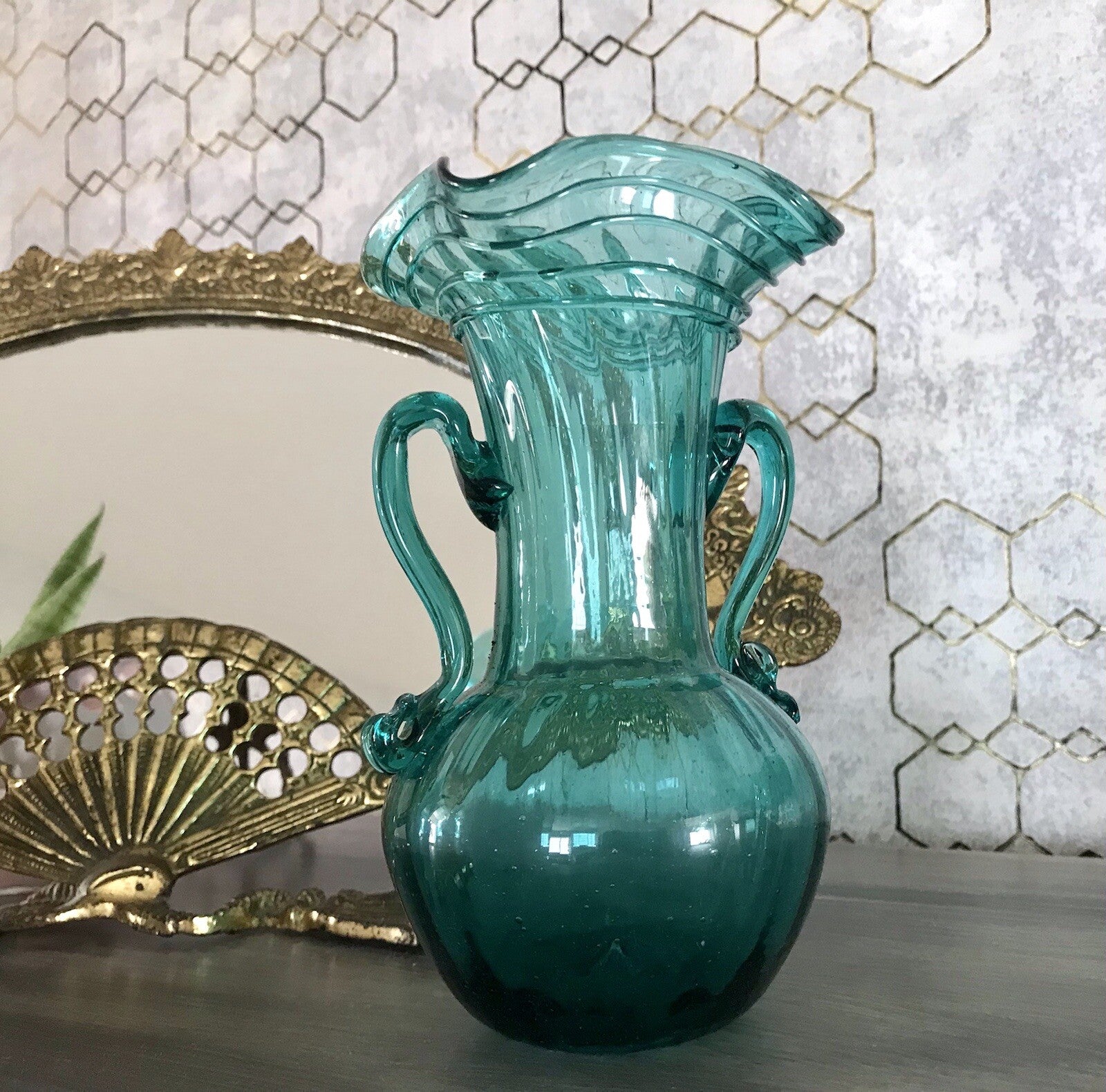 Antik Glasvase Vase Türkis Blau Glas Abriss Aufschmelzungen Murano?