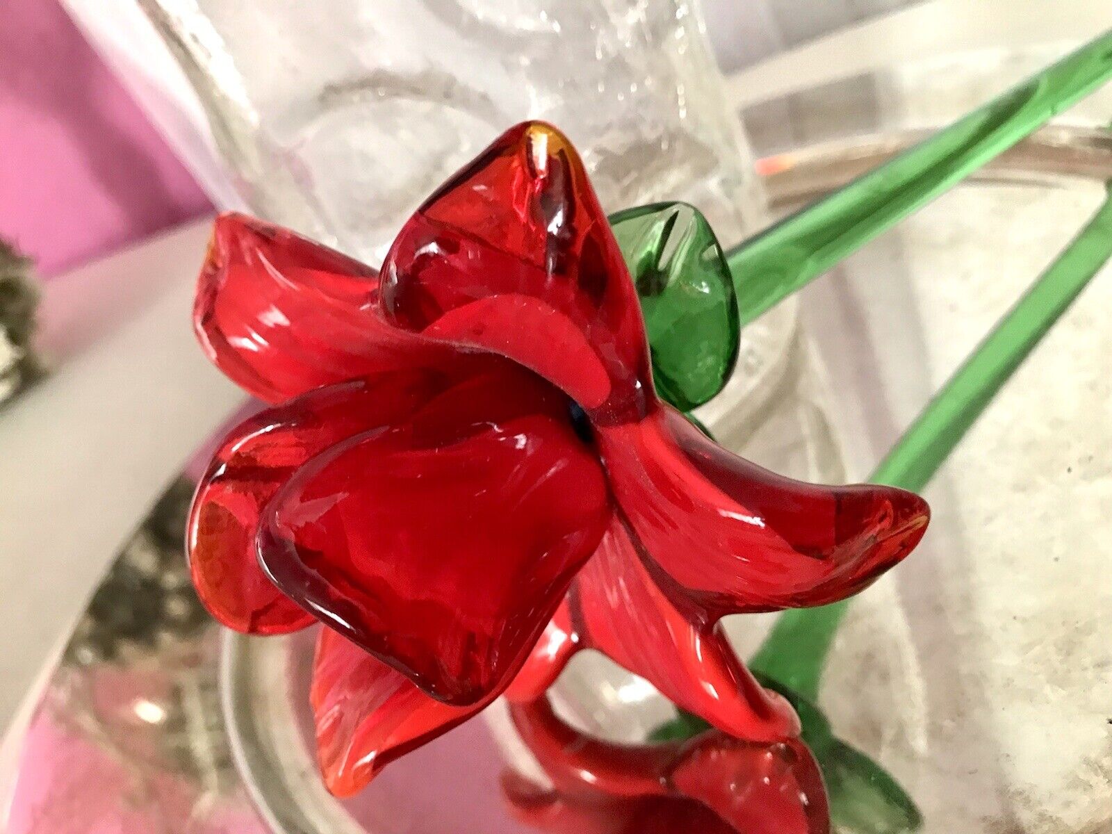 Vintage Murano ? 60er Jahre Glas Blume rote Rose mit Stiel ca. 50 cm lang