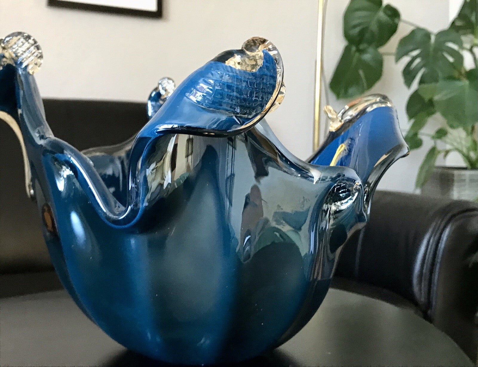 Vintage Murano Schale Vase Glas Petrol Blau metallic irisierend Edel Aufkleber