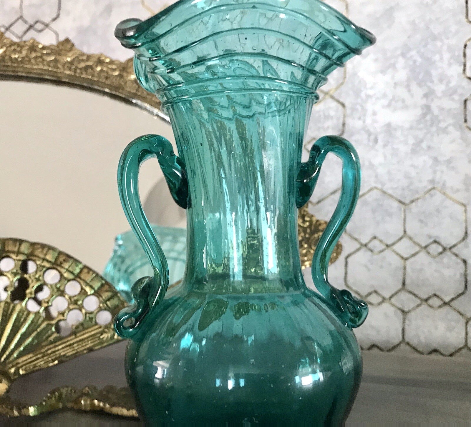 Antik Glasvase Vase Türkis Blau Glas Abriss Aufschmelzungen Murano?