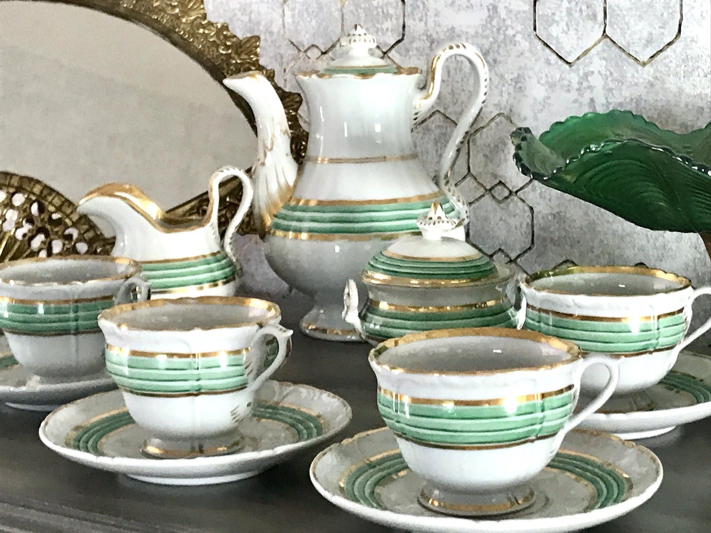 Antik Historismus Porzellan Kaffeeservice Mokkaservice weiß grün Schumann Moabit