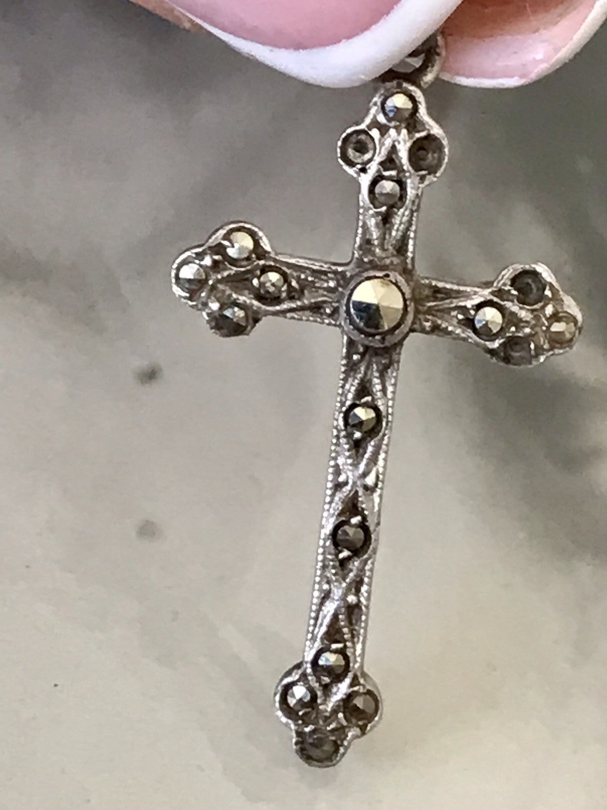 Antik Art Déco Echtsilber Silber Kreuz Anhänger Kettenanhänger Markasite
