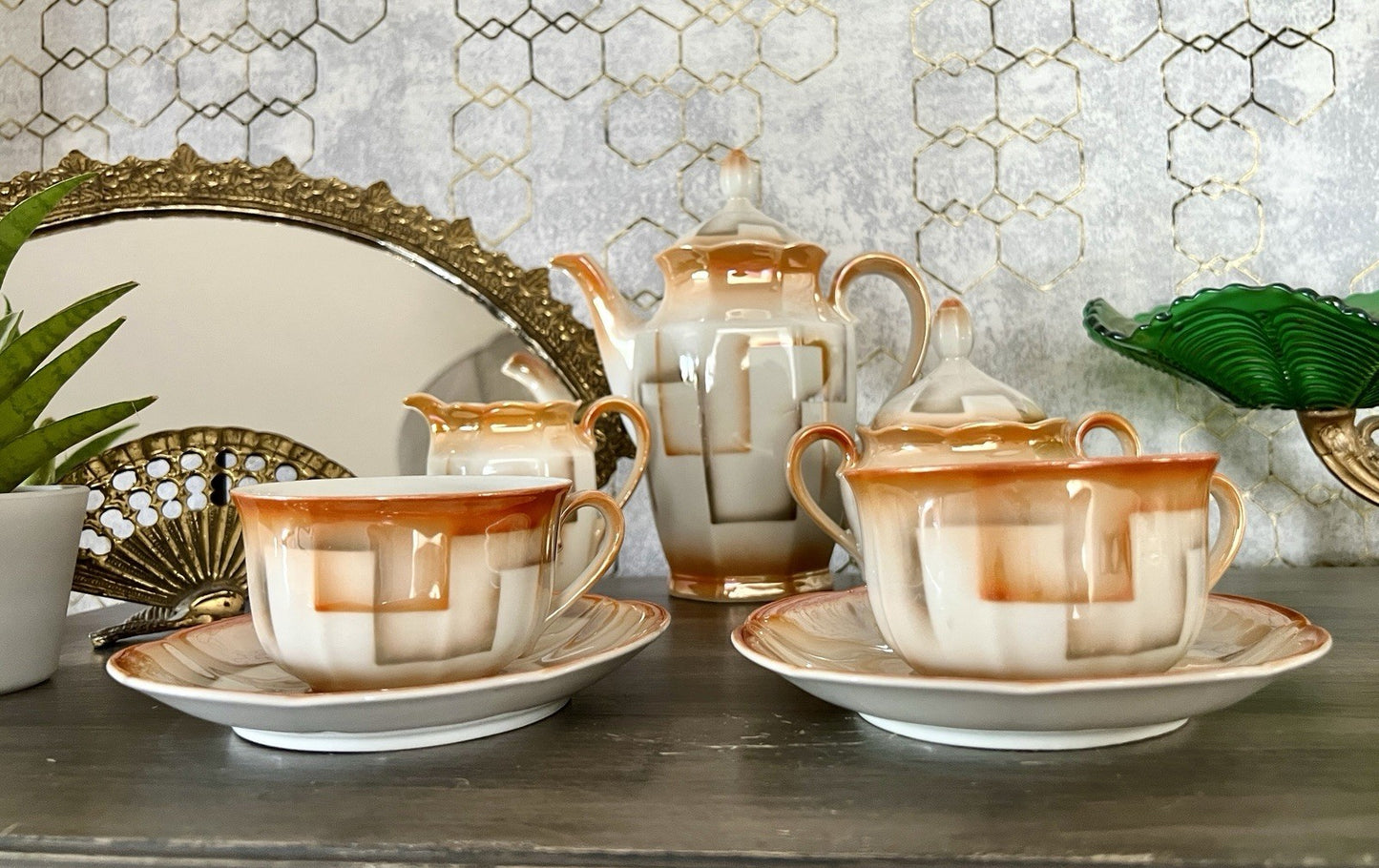 Antik Art Déco Porzellan Kaffeeservice Spritzdekor Bauhaus Teté a Téte 2 Pers.