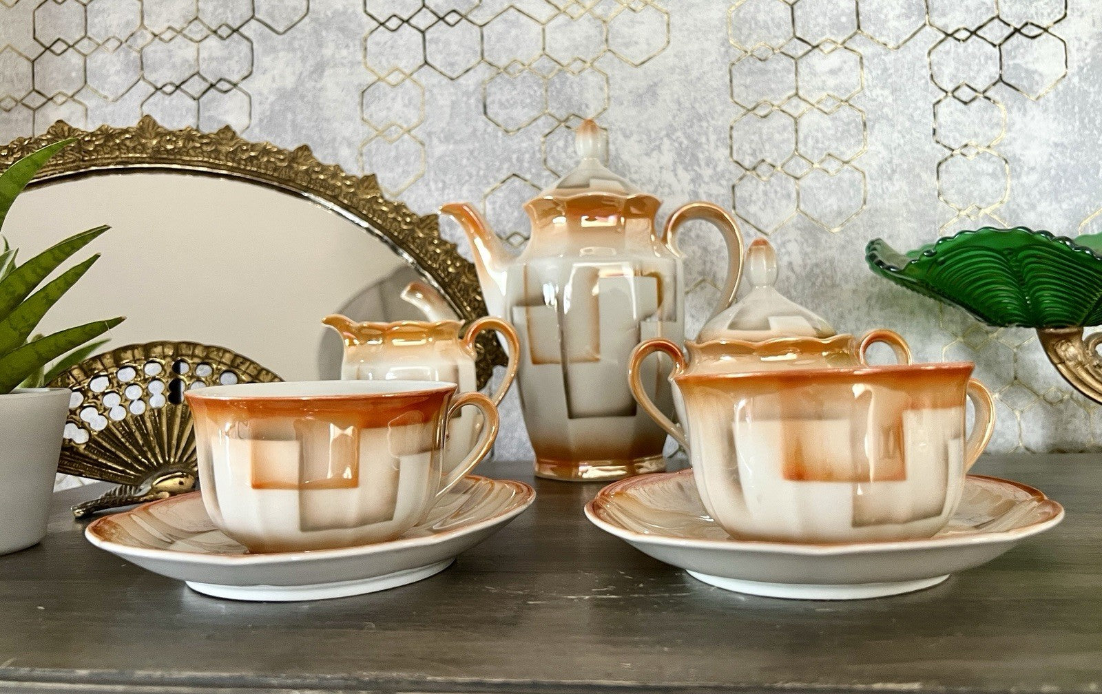 Antik Art Déco Porzellan Kaffeeservice Spritzdekor Bauhaus Teté a Téte 2 Pers.