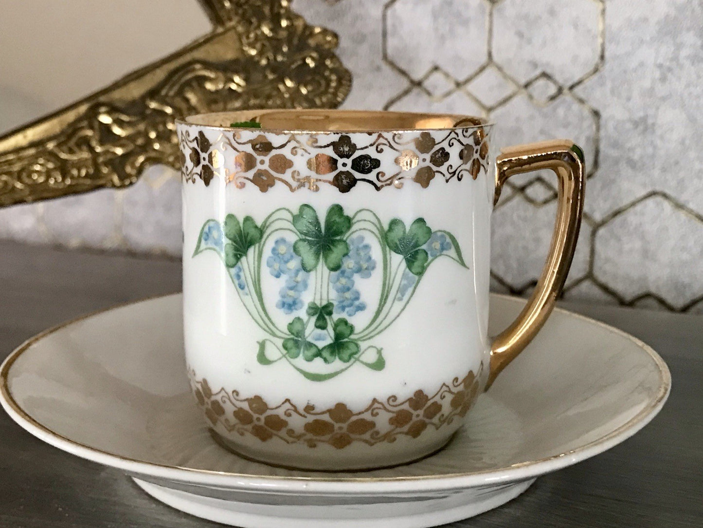 Antik Jugendstil Porzellan Andenken Gedeck Sammeltasse Tasse Geburtstag Spruch