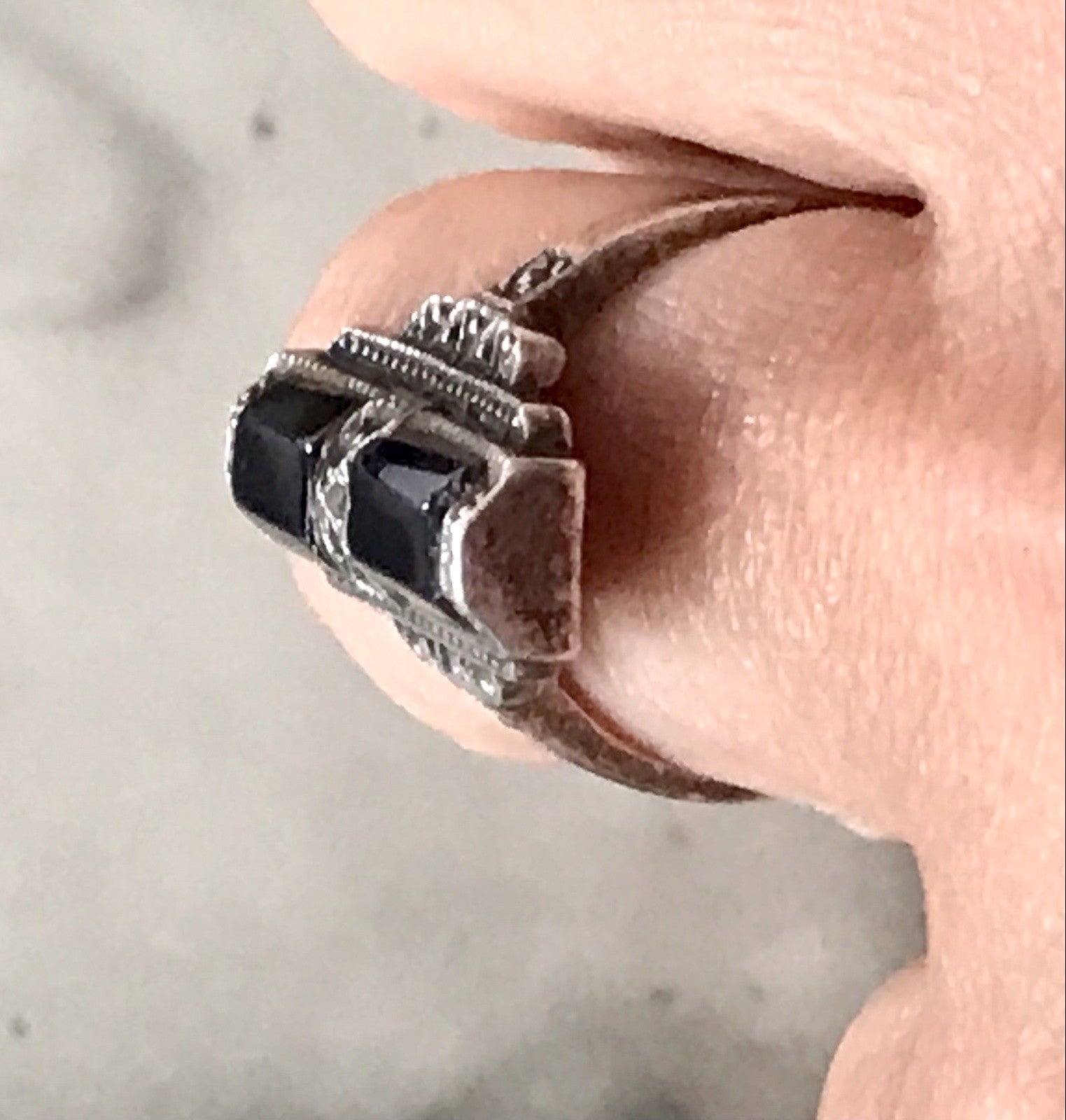 Antik Art Déco Damen Schiffchen Ring Onyx 925 Silber Gr.56 Markasite 18,1