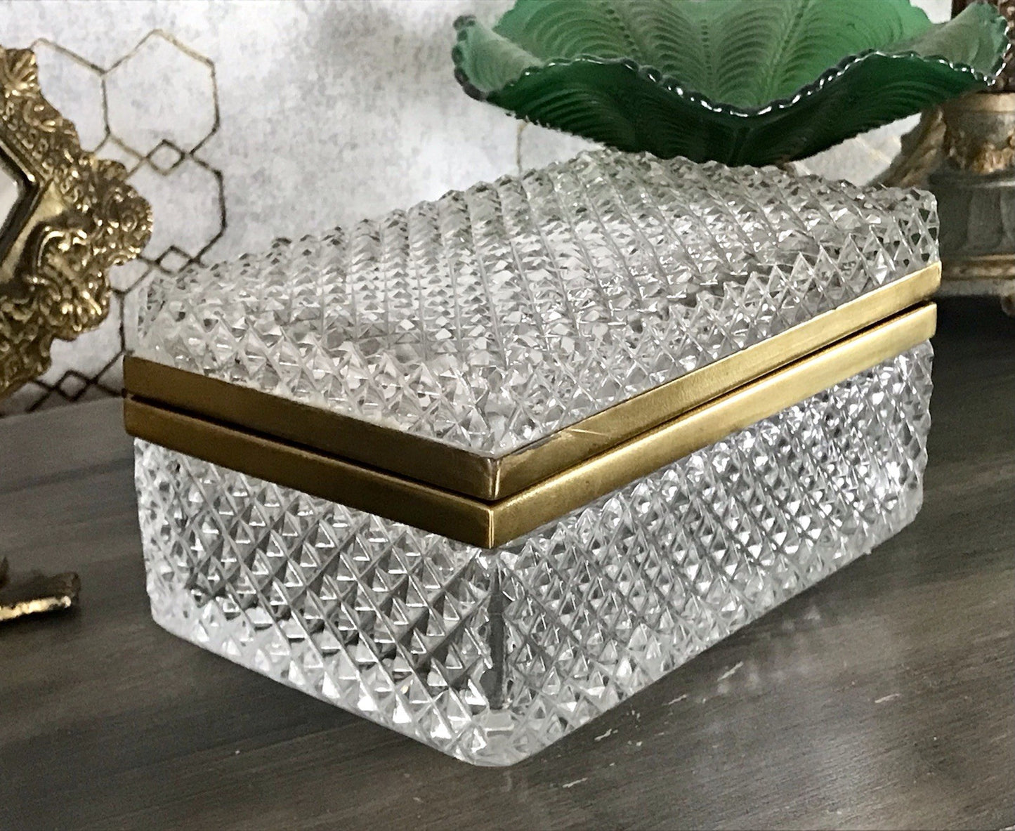 Antik Art Dèco Vintage EDEL Schatulle Deckeldose Bleikristall groß Messingrahmen